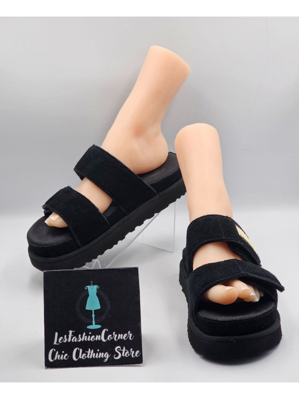 UGG Women's Black Suede Greer Platform Adjustable  Straps Slide Sandal Sz 9 3707